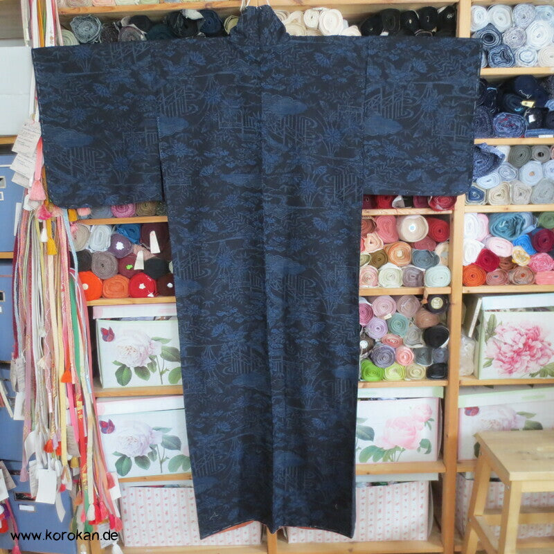 Bambus, Wolke, Kiku Kasuri Tsumugi Seiden Kimono