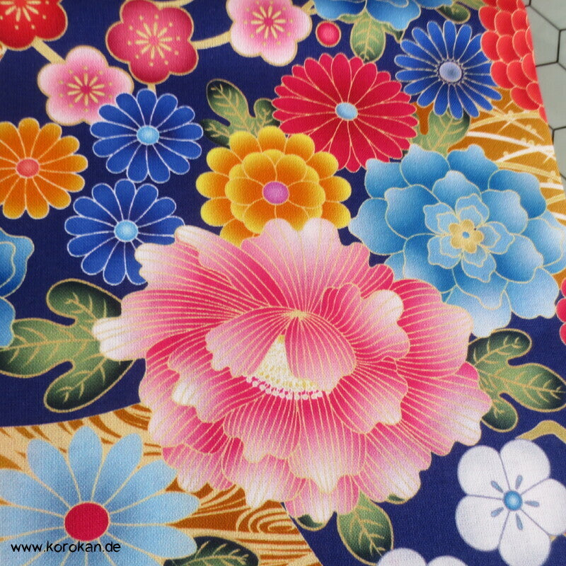 Japan Blüten auf blau dicker Baumwoll Leinwandstoff
