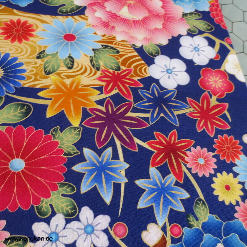 Japan Blüten auf blau dicker Baumwoll Leinwandstoff