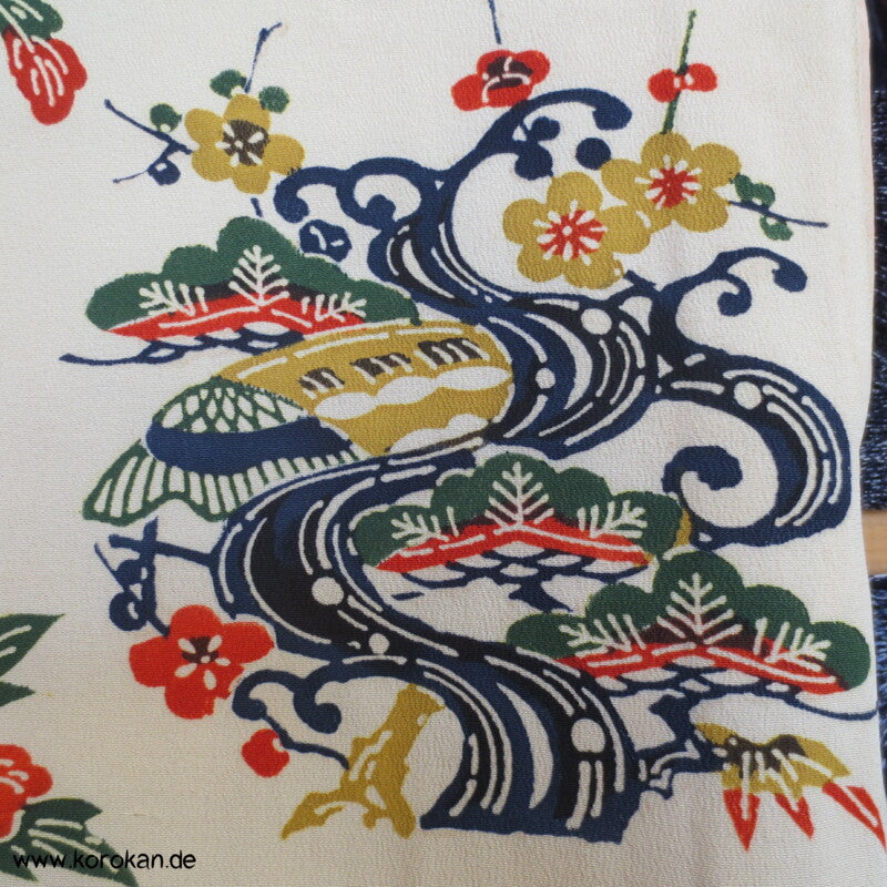 Japan Bingata Block Druck Primärfarben Seidencrepe Komon Kimono