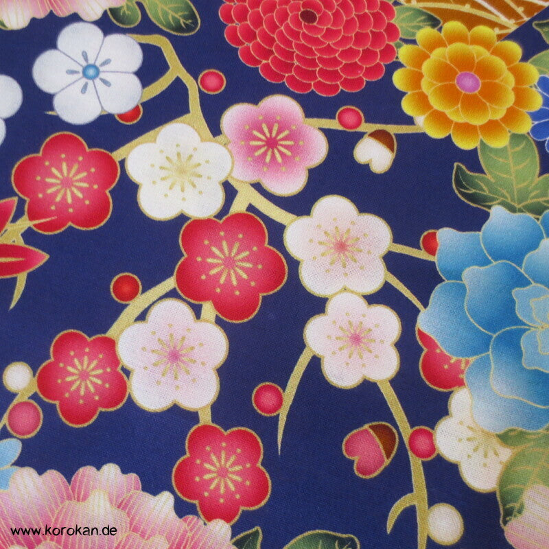 Japan Blüten auf blau dicker Baumwoll Leinwandstoff