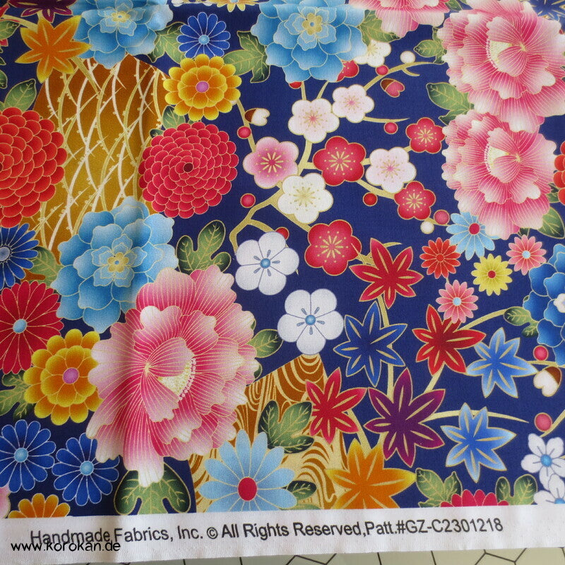 Japan Blüten auf blau dicker Baumwoll Leinwandstoff