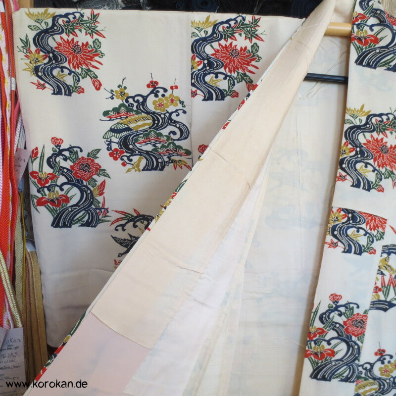Japan Bingata Block Druck Primärfarben Seidencrepe Komon Kimono
