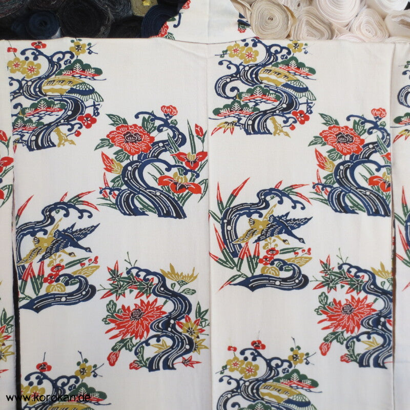 Japan Bingata Block Druck Primärfarben Seidencrepe Komon Kimono