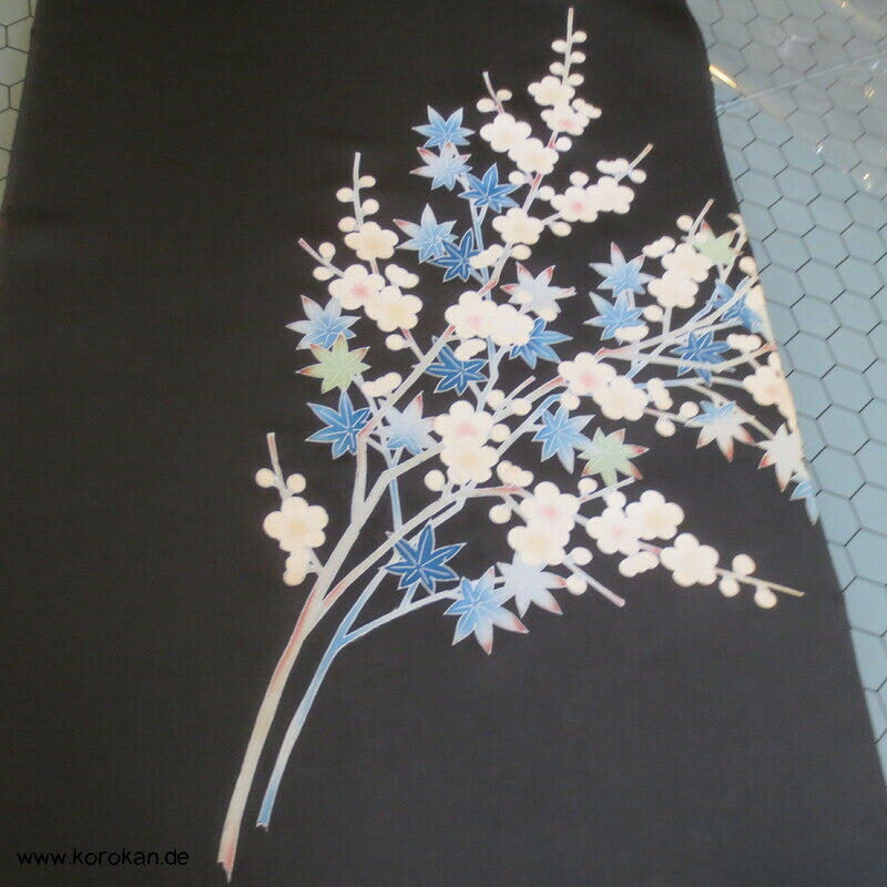 blaue Blütenzweige Crepe Seide Haori Tanmono Kimono Stoffrolle