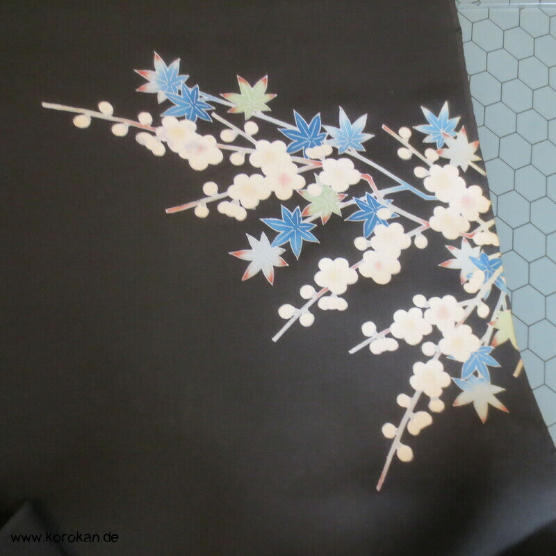 blaue Blütenzweige Crepe Seide Haori Tanmono Kimono Stoffrolle