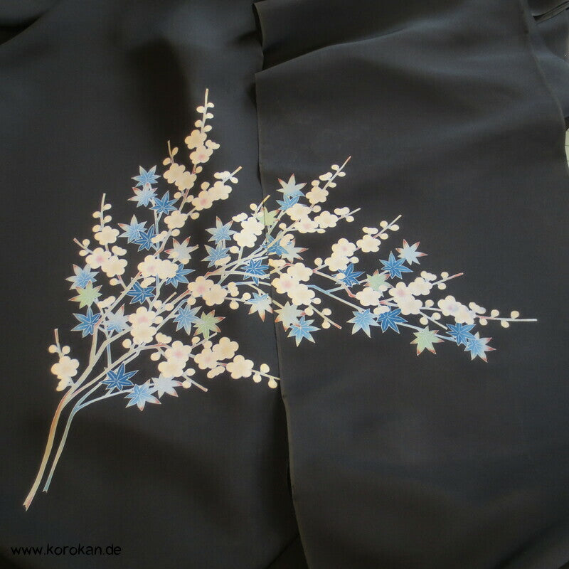 blaue Blütenzweige Crepe Seide Haori Tanmono Kimono Stoffrolle