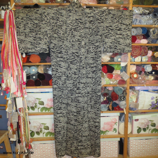 Bambusmuster auf schwarz Seidencrepe Hitoe Komon Kimono