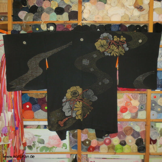 Urushi Blumenkugeln Haori (Abend - ) Seidenbrokat Kimono Jacke, buntes Futter