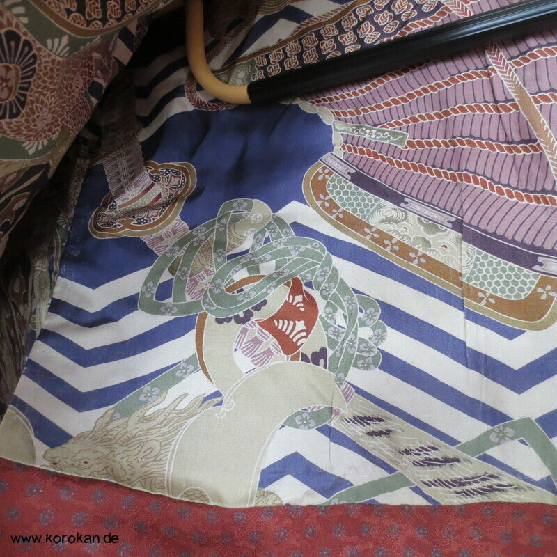 petrol Punktblumen auf zimt Seidendamast Haori