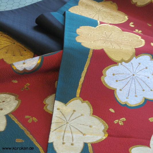 glänzende Sakura auf rot - petrol Fukuro Obi