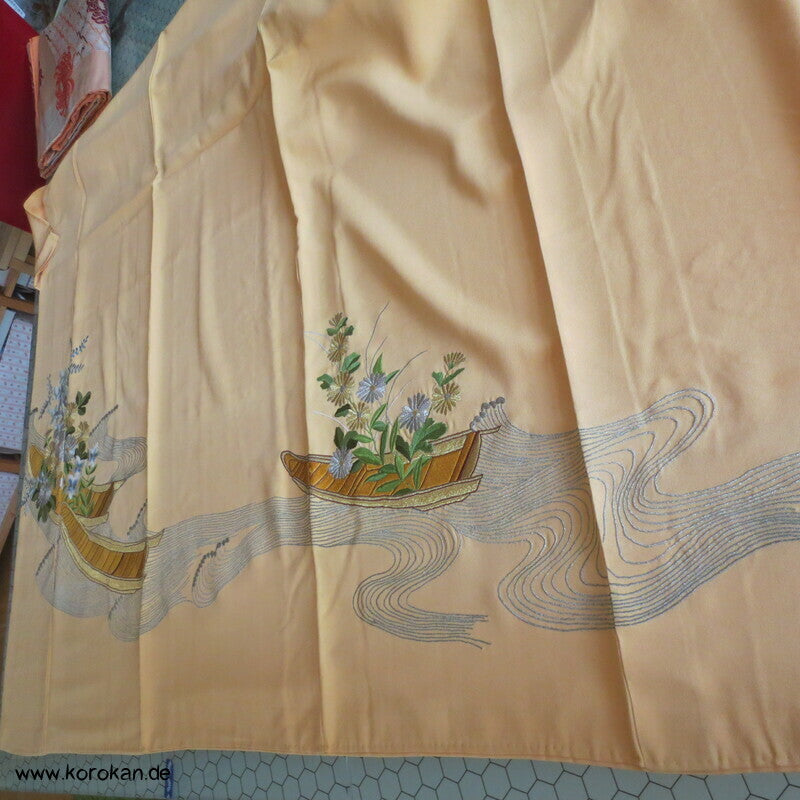 Japan Boote im Schilf Stickerei Irotomesode Seidencrepe Kimono