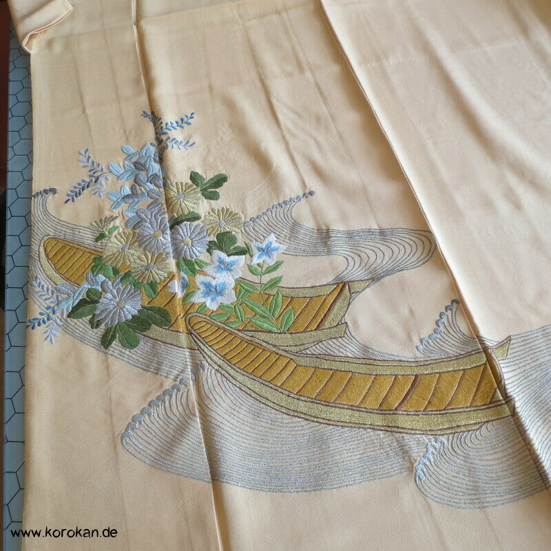 Japan Boote im Schilf Stickerei Irotomesode Seidencrepe Kimono