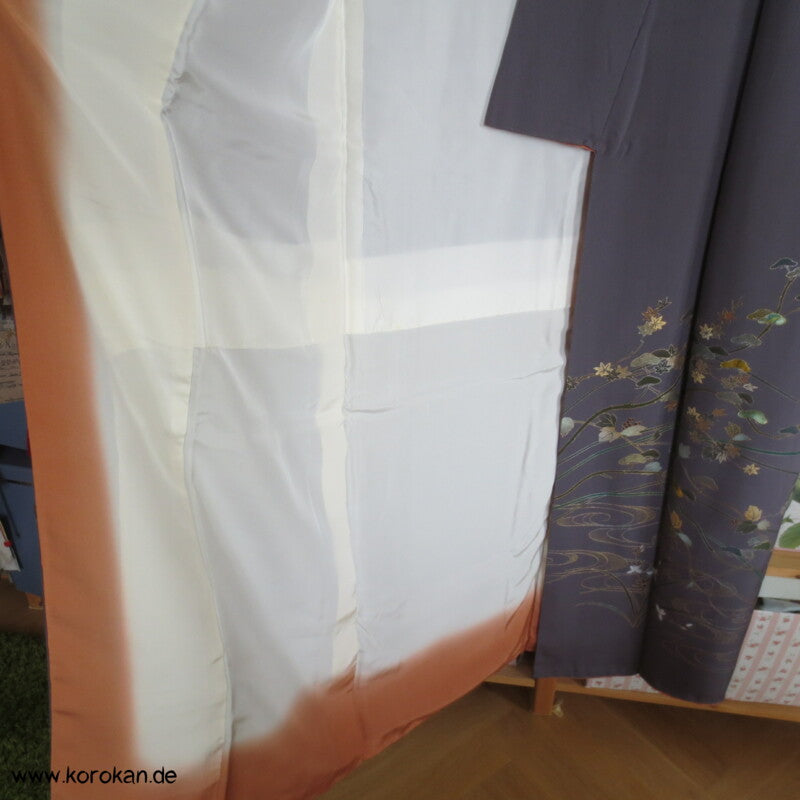 Homongi Seidencrepe Kimono goldenes Blättermuster auf grau