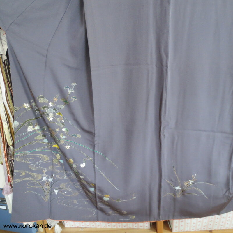 Homongi Seidencrepe Kimono goldenes Blättermuster auf grau