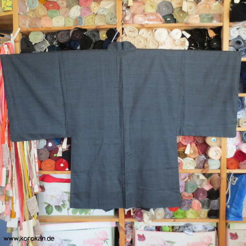 gewebter Tiger Futter, Haori Kimono Jacke - dunkelblaue Tsumugi Seide