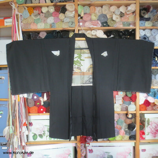 Haori Kimono schwarzer Seidencrepe Jacke, gewebtes Futterbild, 5 Mon