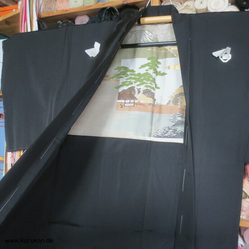 Haori Kimono schwarzer Seidencrepe Jacke, gewebtes Futterbild, 5 Mon