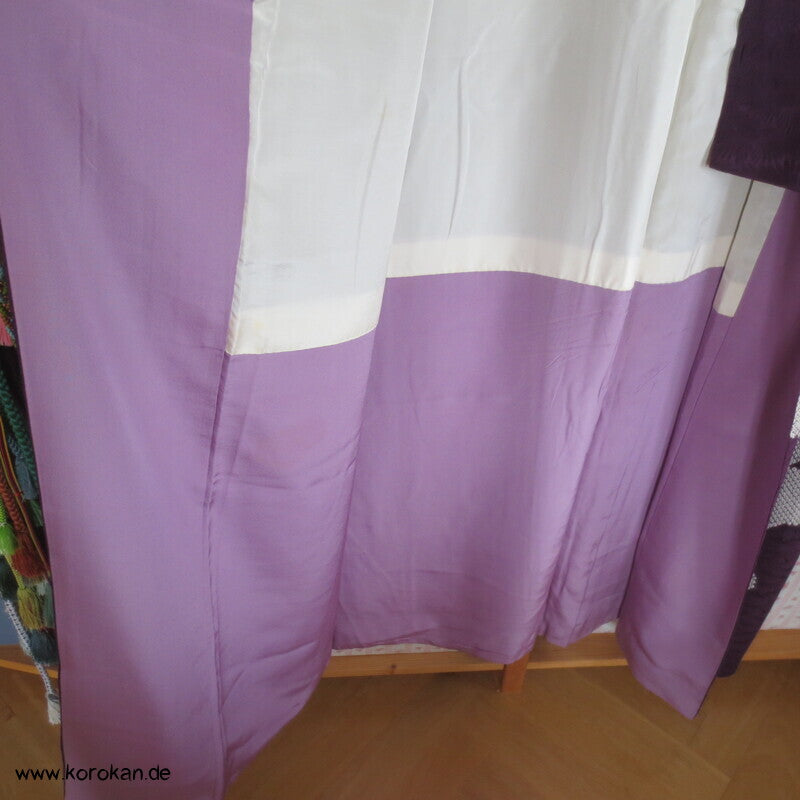 Shibori Wolkenmuster, aubergine Seidendamast Tsukesage Kimono