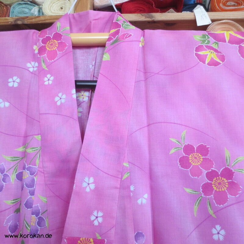 Yukata Kimono, reine Baumwolle, rosa Asagao und Kikiyo, Sakura Blumen