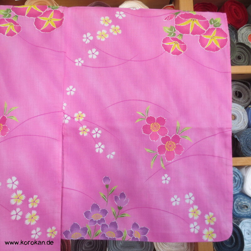 Yukata Kimono, reine Baumwolle, rosa Asagao und Kikiyo, Sakura Blumen