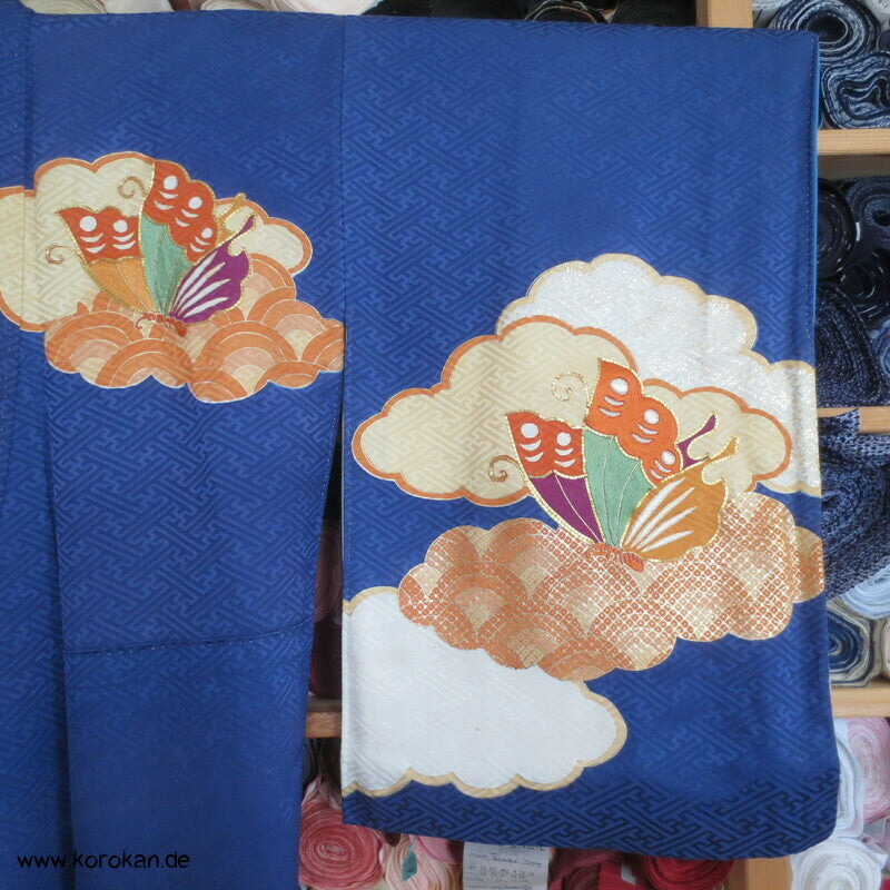 Schmetterlingen auf kobaltblau Homongi Kimono, teilbestickt