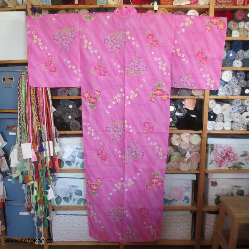 Yukata Kimono, reine Baumwolle, rosa Asagao und Kikiyo, Sakura Blumen