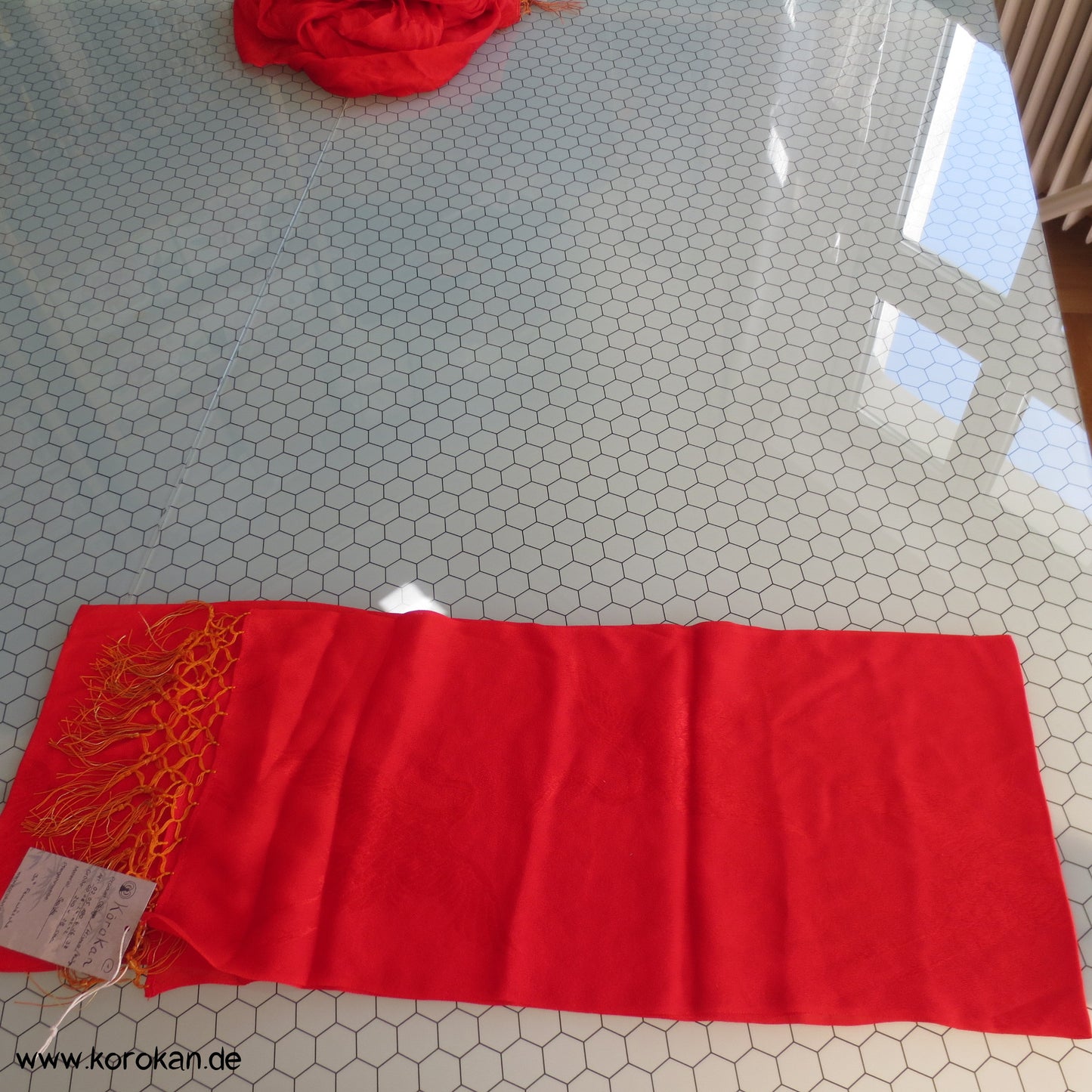 japanisches Shigoki - Kimono Bindeband - Seidentuch mit Fransen, eingewebtes Muster