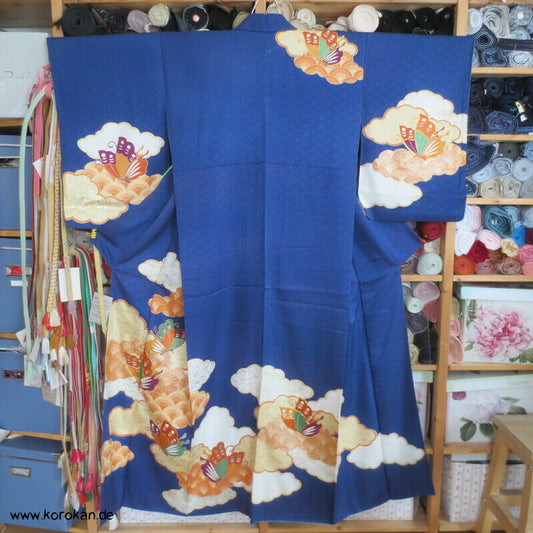 Schmetterlingen auf kobaltblau Homongi Kimono, teilbestickt
