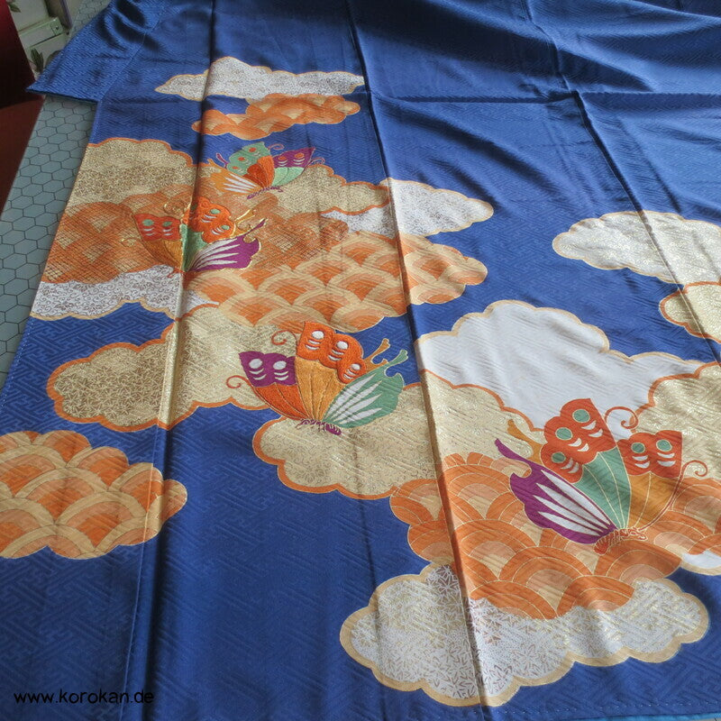 Schmetterlingen auf kobaltblau Homongi Kimono, teilbestickt