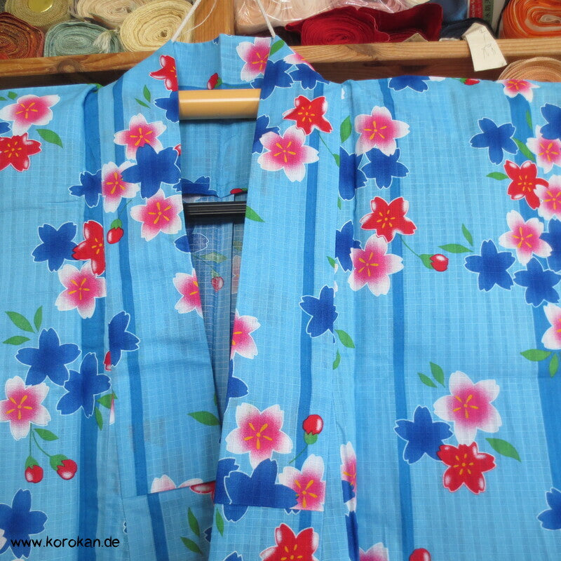 Streifen und Sakura Blüten Yukata Kimono, reine Baumwolle