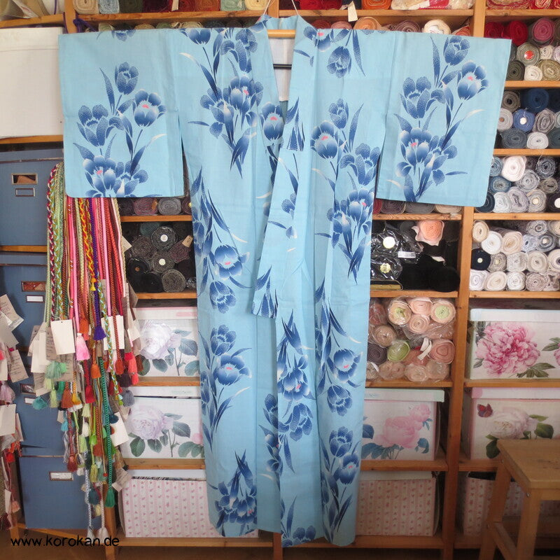 handgenähter japanischer Yukata Kimono, blaue Blume Baumwolle