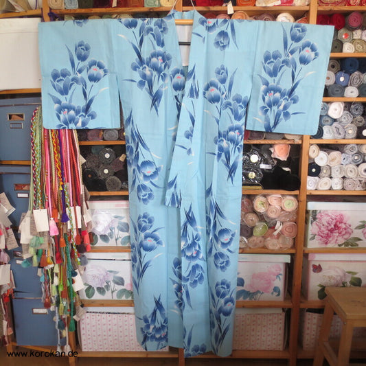 handgenähter japanischer Yukata Kimono, blaue Blume Baumwolle