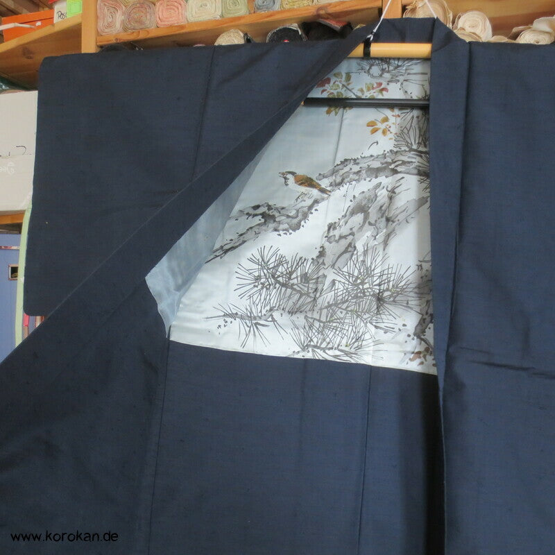 Spatz im Baum gemaltes Futter, Haori Tsumugi Seide Kimono Jacke