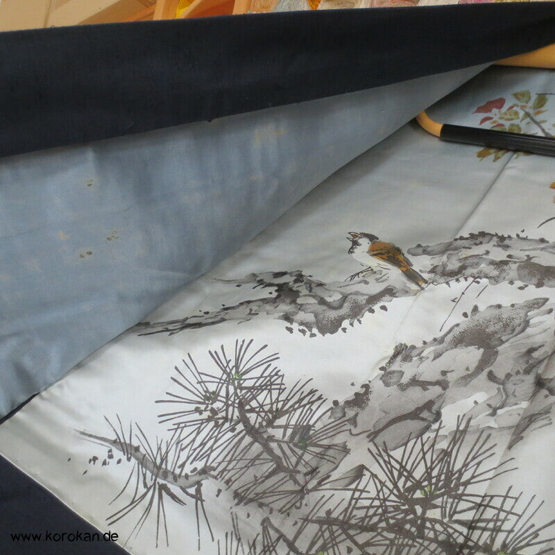 Spatz im Baum gemaltes Futter, Haori Tsumugi Seide Kimono Jacke