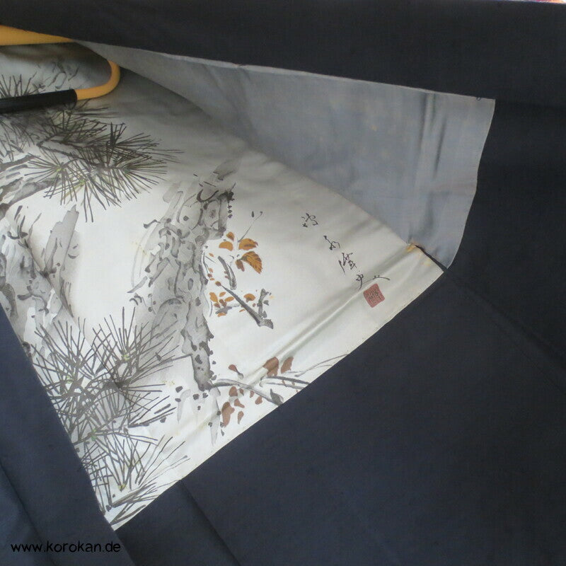 Spatz im Baum gemaltes Futter, Haori Tsumugi Seide Kimono Jacke