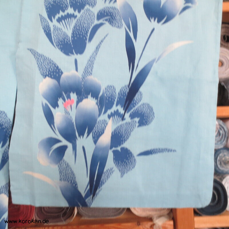 handgenähter japanischer Yukata Kimono, blaue Blume Baumwolle