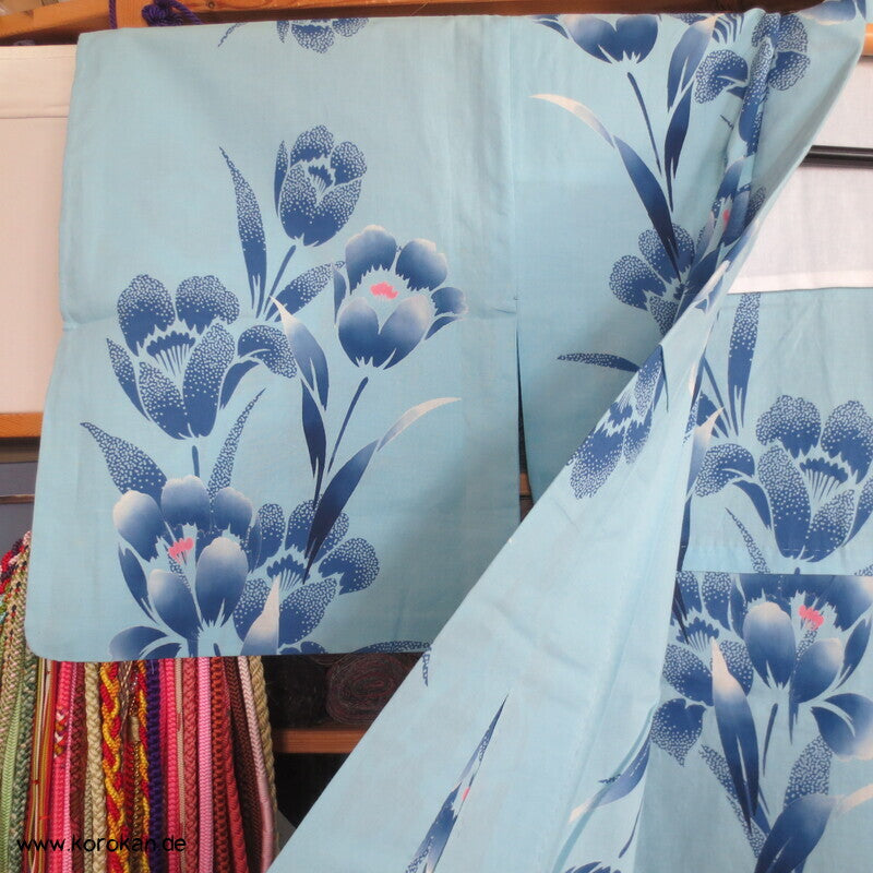 handgenähter japanischer Yukata Kimono, blaue Blume Baumwolle