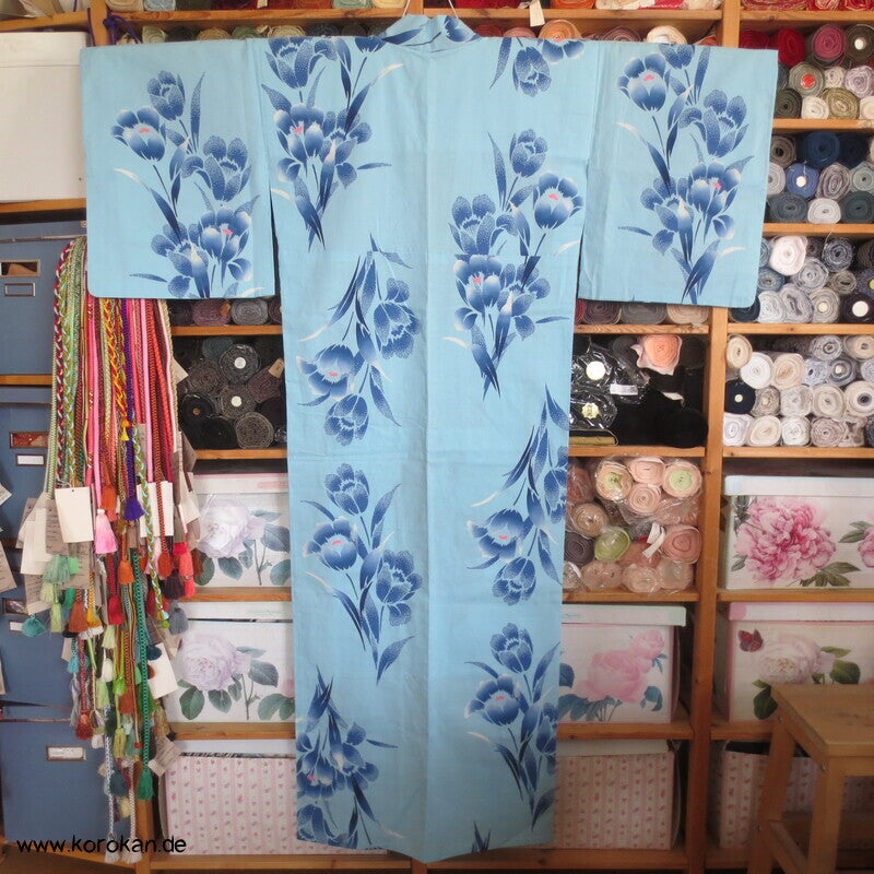 handgenähter japanischer Yukata Kimono, blaue Blume Baumwolle