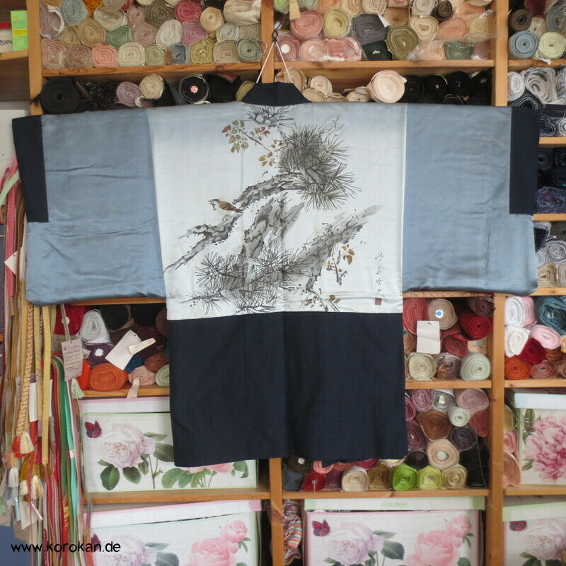 Spatz im Baum gemaltes Futter, Haori Tsumugi Seide Kimono Jacke