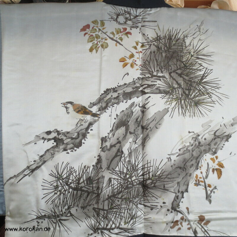 Spatz im Baum gemaltes Futter, Haori Tsumugi Seide Kimono Jacke