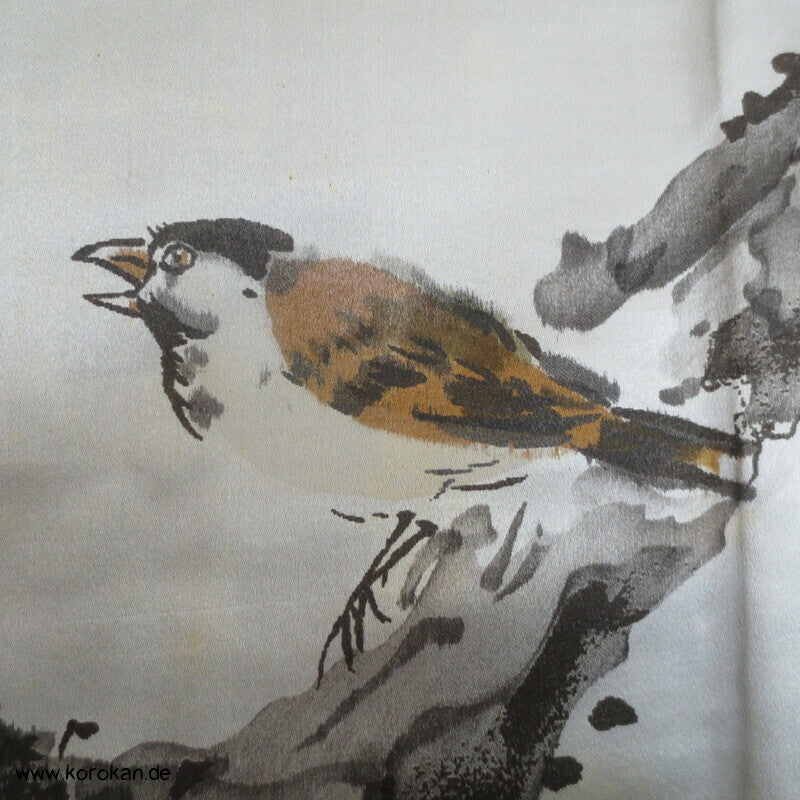 Spatz im Baum gemaltes Futter, Haori Tsumugi Seide Kimono Jacke