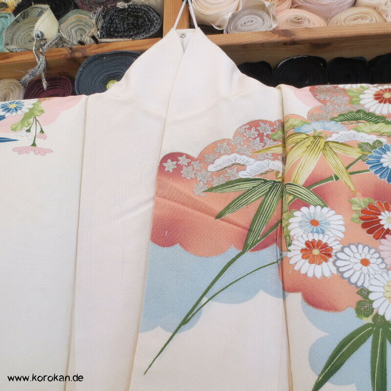 Bambus, Blüten, Goldstickerei Homongi Kimono