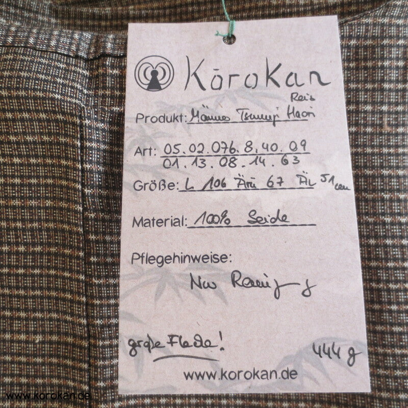 hellbraune Kasuri Tsumugi Seide Haori Kimono Jacke, Reisgarbenfutter