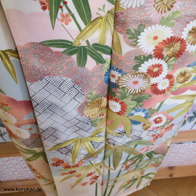 Bambus, Blüten, Goldstickerei Homongi Kimono