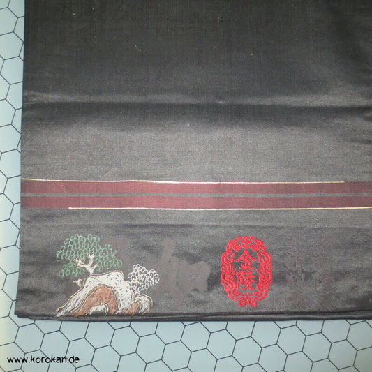 handgemalter Tempel Antiker Fukuro Obi, schwarzer Seiden Satin
