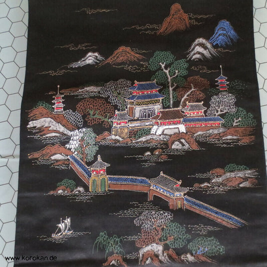 handgemalter Tempel Antiker Fukuro Obi, schwarzer Seiden Satin