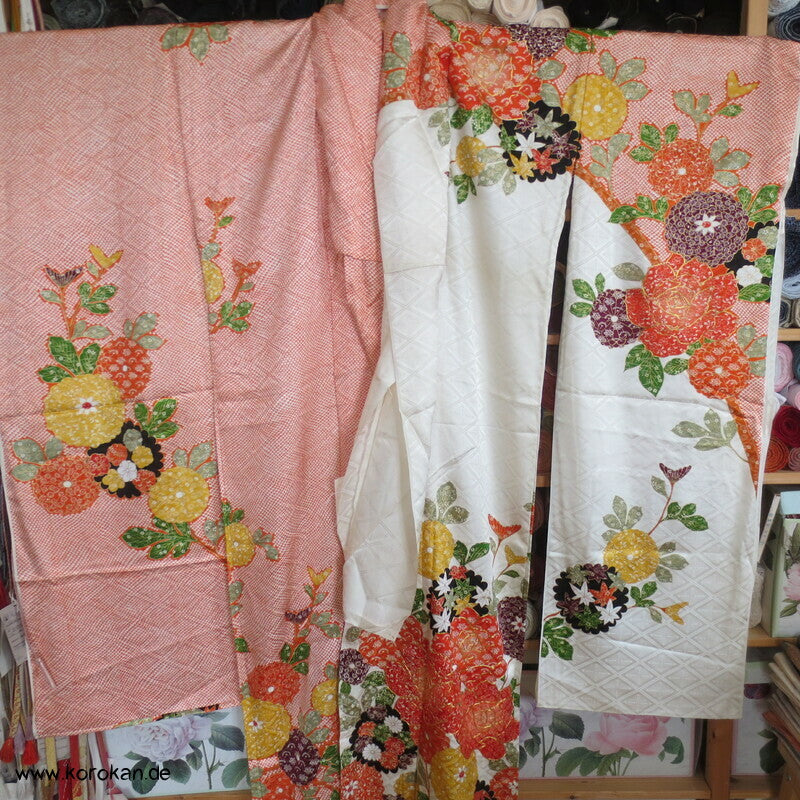 Rose, Kanoko Furisode Kimono, Seidendamast Karieba Stoff, Goldstickerei