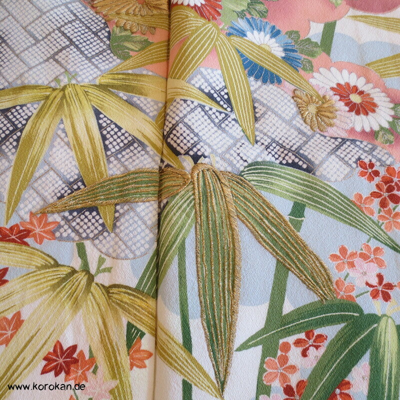 Bambus, Blüten, Goldstickerei Homongi Kimono