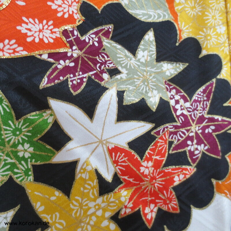 Rose, Kanoko Furisode Kimono, Seidendamast Karieba Stoff, Goldstickerei